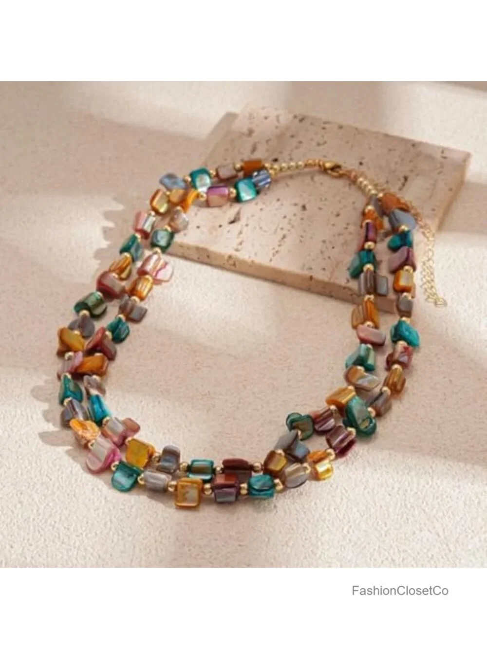 Boho Layered Beaded Faux Shell Choker Necklace Chunky Statement Jewelry